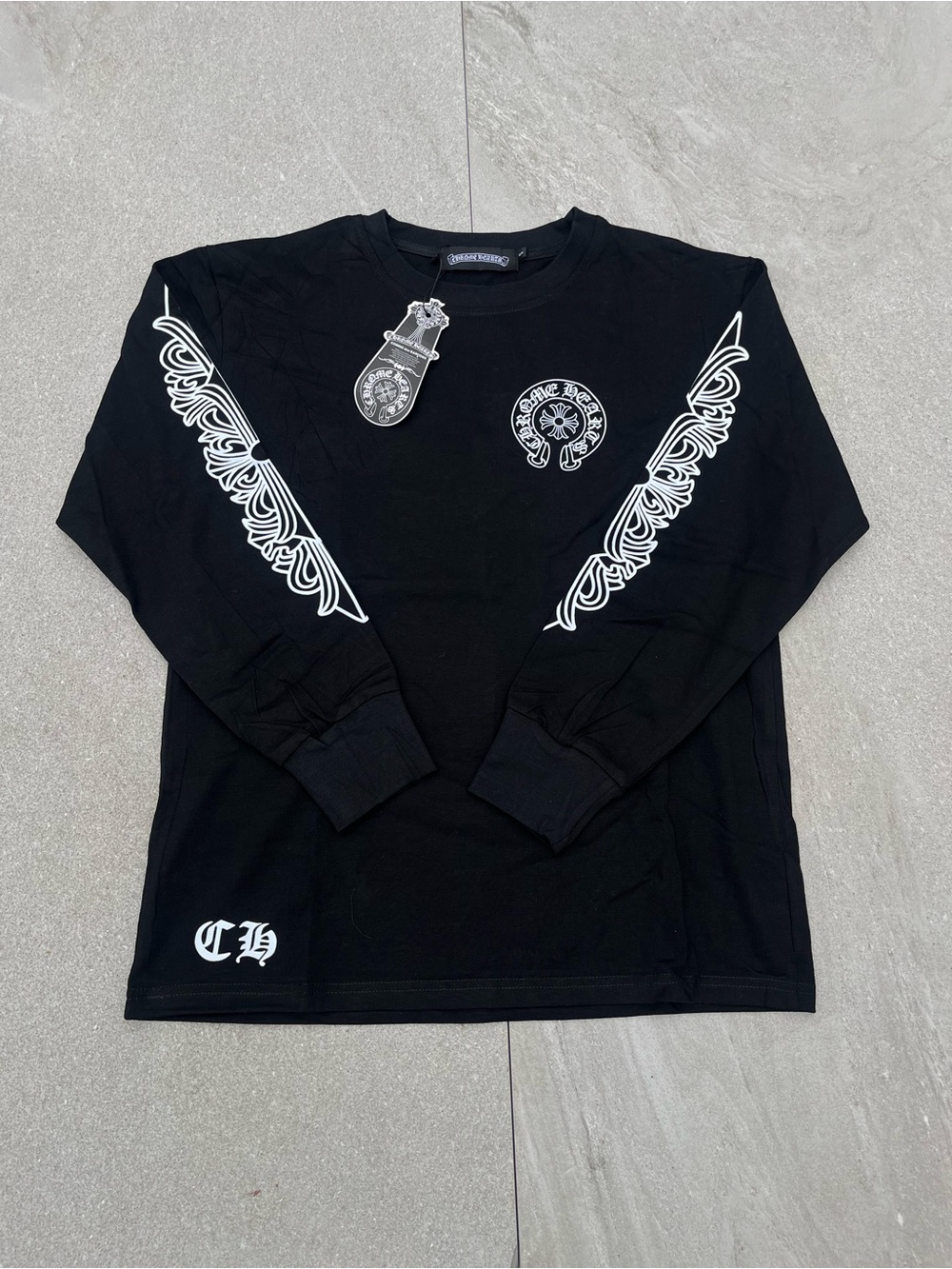 Chrome Hearts Black Long-Sleeve Tee with White Sleeve Graphics